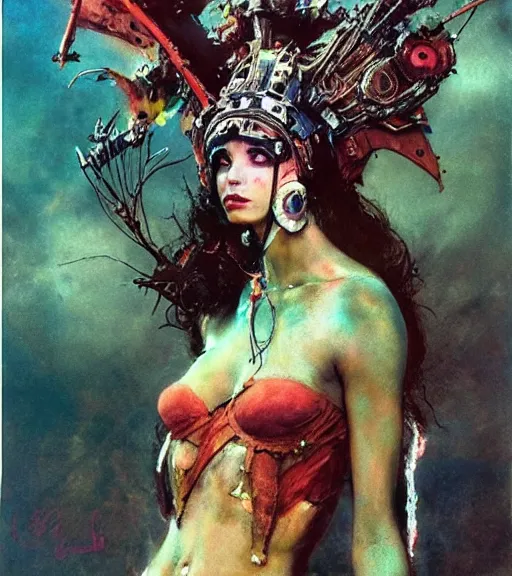 Prompt: princess of the wasteland, scrap metal headdress, strong line, vivid neon color, high contrast, beautiful! coherent! by brian froud, by frank frazetta, low angle