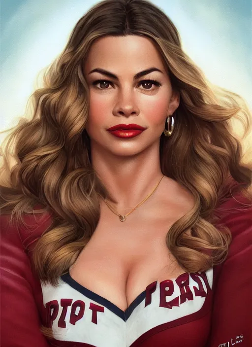 Image similar to twin peaks movie poster art portrait of sofia vergara as the local cheerleader, nostalgic, domestic, highly detailed, digital painting, artstation, concept art, smooth, sharp focus, illustration, artgerm, joseph christian leyendecker, wlop by katherine lam