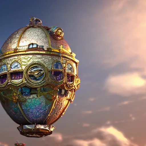 Image similar to enormous flying city in a faberge egg encircled by giant metallic petals, cloudy sky background, steampunk, fantasy art, masterpiece, unreal engine