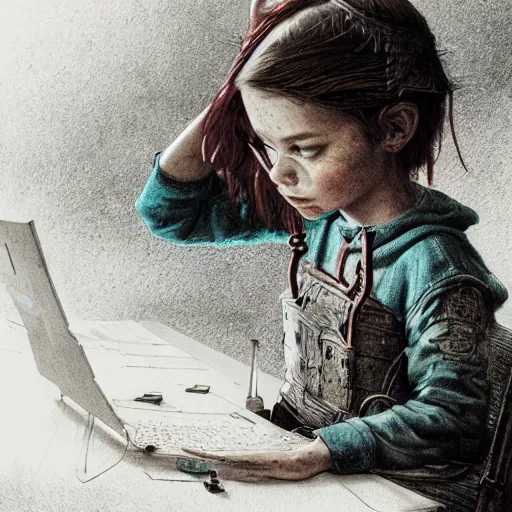 Image similar to a child sits in front of a computer as their imagination spills onto the screen, detailed intricate ink illustration, dark atmosphere, detailed illustration, hd, 4k, digital art, overdetailed art, concept art, by greg rutkowski, by loish, complementing colors, Trending on artstation, deviantart