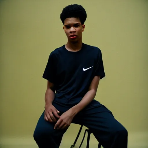 Image similar to realistic photoshoot for a new nike lookbook, color film photography, portrait of a beautiful person, in style of Tyler Mitchell, 35mm, graflex