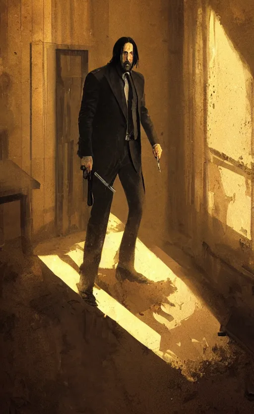 Image similar to nicolas cage as john wick in a dilapidated room, long shadow, dark room, vintage shading, warm colors, by Greg Rutkowski, artstation