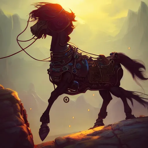 Prompt: steampunk horse, masterpiece, matte painting concept blizzard pixar maya engine on cold night stylized background splash comics global illumination lighting artstation lois van baarle, ilya kuvshinov, rossdraws