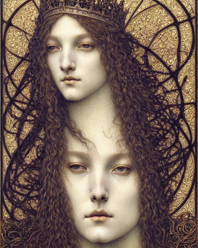 Image similar to detailed realistic beautiful young medieval queen face portrait by jean delville, gustave dore and marco mazzoni, art nouveau, symbolist, visionary, gothic, pre - raphaelite. horizontal symmetry