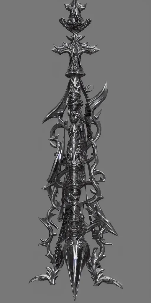 Image similar to a black and silver sword skull crest, ornament, weapon, a 3 d render by dom qwek, front side, concept art, trending on polycount, artstation, hard surface modeling, rendered in maya, zbrush, hd, vray, blizzard, symmetry