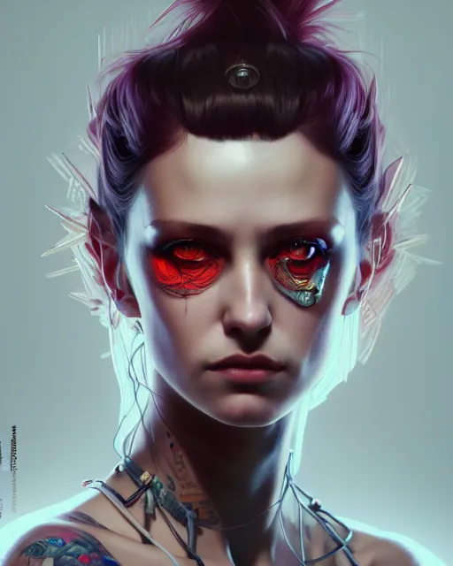 Image similar to beautiful female punk, portrait, cyberpunk, symmetry, detailed, elegant, intricate, dynamic lighting, hyperrealism, digital art, digital painting, artstation, wlop, sharp focus, illustration, art by artgerm and greg rutkowski and alphonse mucha, 8 k