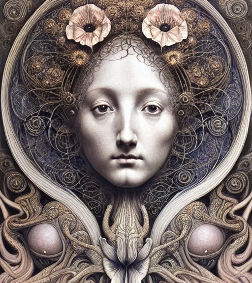 Prompt: detailed realistic beautiful poppy goddess face portrait by jean delville, gustave dore, iris van herpen and marco mazzoni, art forms of nature by ernst haeckel, art nouveau, symbolist, visionary, gothic, neo - gothic, pre - raphaelite, fractal lace, intricate alien botanicals, ai biodiversity, surreality, hyperdetailed ultrasharp octane render