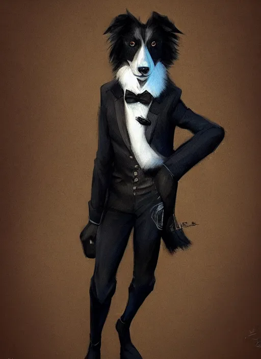 Prompt: wide angle beautiful full body portrait of a strong male anthropomorphic anthro border collie fursona in a suit sitting in a parlor room, character design by charlie bowater, henry asencio, and ross tran, disney, detailed, sharp focus, matte, aesthetic, trending on artstation, furaffinity, deviantart