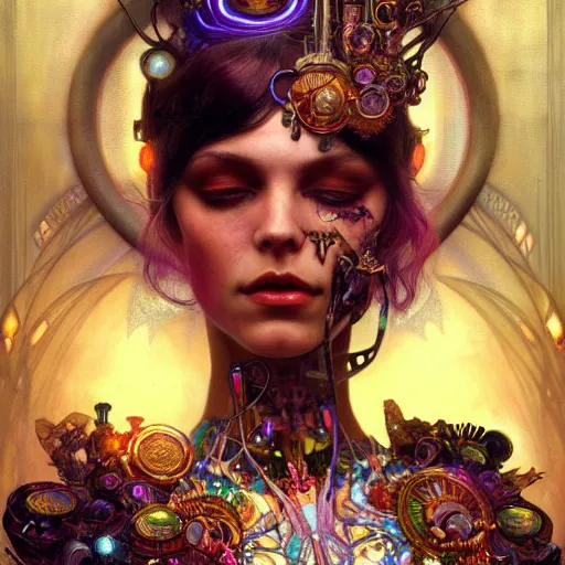 Image similar to extremely psychedelic beautiful cyborg queen of lsd. intricate, elegant, highly detailed, extremely lifelike photorealistic digital painting, artstation. steichen, gaston bussiere, tom bagshaw, cyberpunk alphonse mucha. dark pallet, melancholy. anatomically correct in every way. sultry.