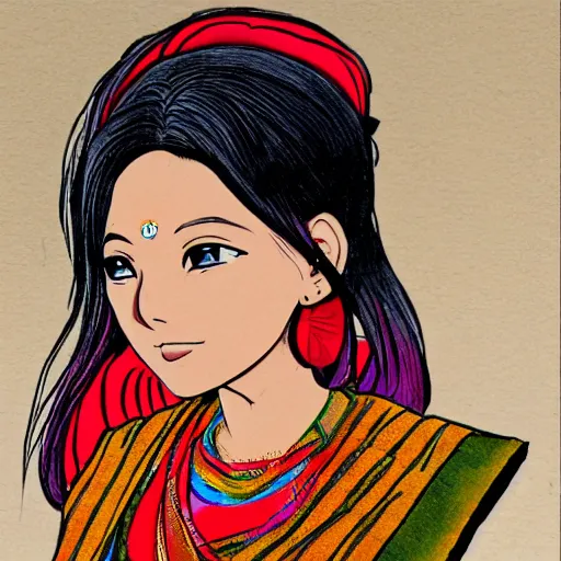 Image similar to a nepali woman, wearing sari, anime style