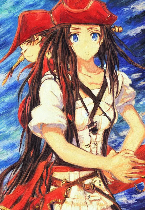 Prompt: wide angle painting of a female pirate, a thrifty uniform, somewhat of an anime in impressionist style, trending artwork, illustrated in anime painter studio, by claude monet and an anime artist, collaboration