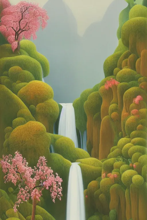 Image similar to hanging garden, waterfalls, blooming hills with spring flowers and pillars by helen lundeberg