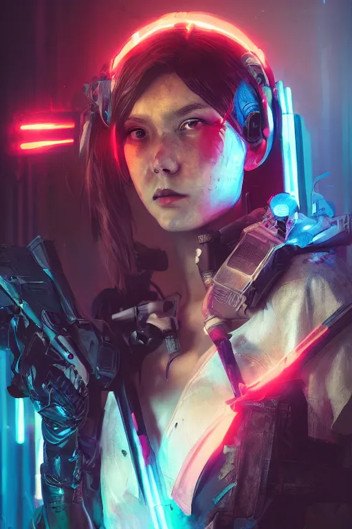 Image similar to beautiful portrait of a heavily armed cyborg mercenary girl, art by wlop and artgerm and liam wong, cyberpunk, neon, intricate details, trending on artstation, sharp focus, caustics, octane render, radiant light, 4 k