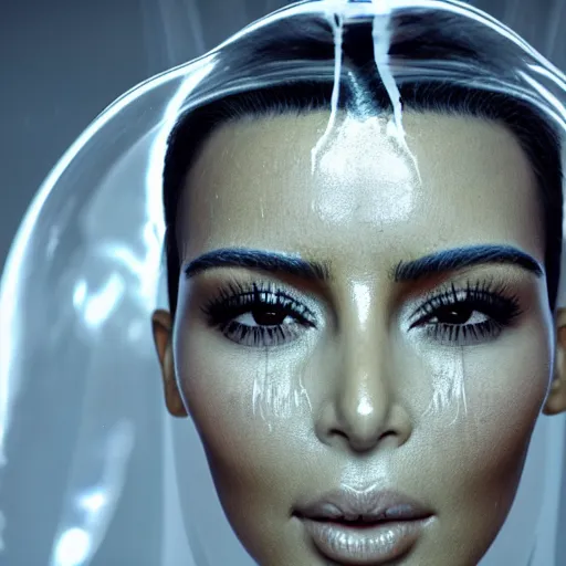 Prompt: epic still of kim kardashian trapped in a transparent alien liquid, wet flowing hair, gooey skin, illustration, unreal engine 5, 8 k, made by h. r. giger