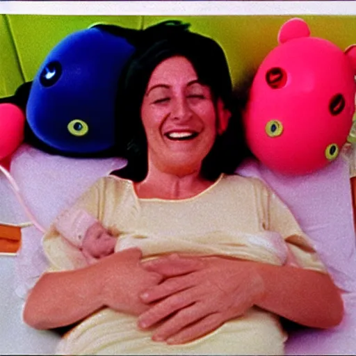 Prompt: happy woman who has given birth to a squishy inflatable toy, in hospital bed, 1974 color Fellini film, archival footage, technicolor film, 16mm, wacky children's tv with anthropomorphic animal