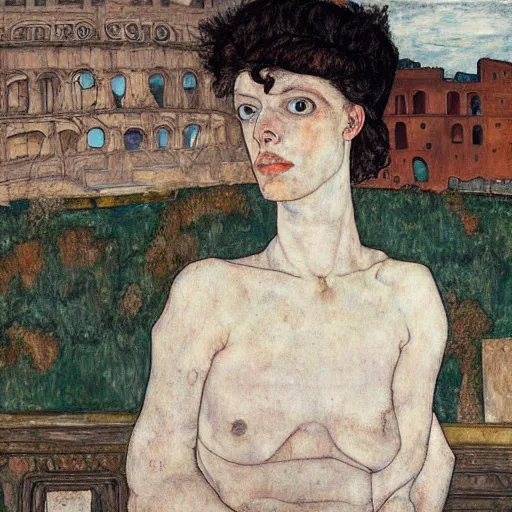 Image similar to a highly detailed painting by egon schiele of a young woman with black hair having an existential crisis on a terrace overlooking the colosseum, 4 k