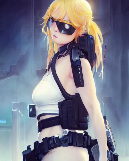 KREA - poster art of anime girl with cyberpunk style outfit, cute face,  pretty, Anime, posing with a gun by Valorant and Julia Yurtsev, Fierce  expression 4k, 8k, HDR, Trending on artstation