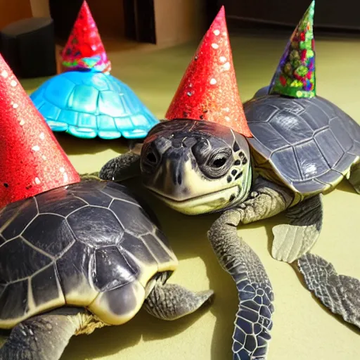 Image similar to party hats on turtles