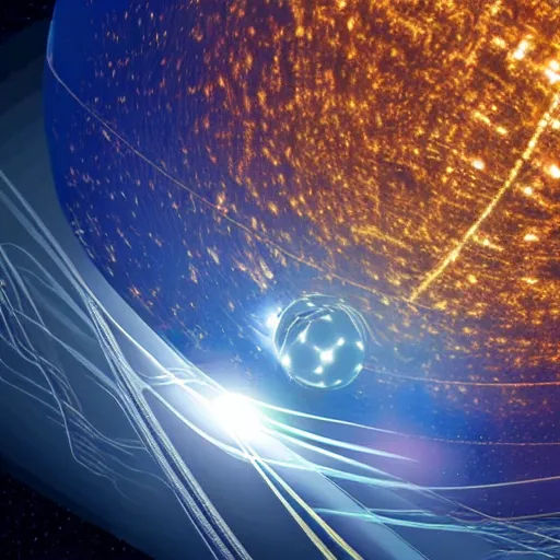 Image similar to glowing sphere, surrounded by steel bands, in space