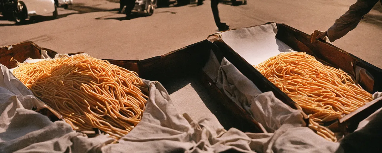 Image similar to a dead person in a coffin made of spaghetti, funeral procession, canon 5 0 mm, cinematic lighting, photography, retro, film, kodachrome