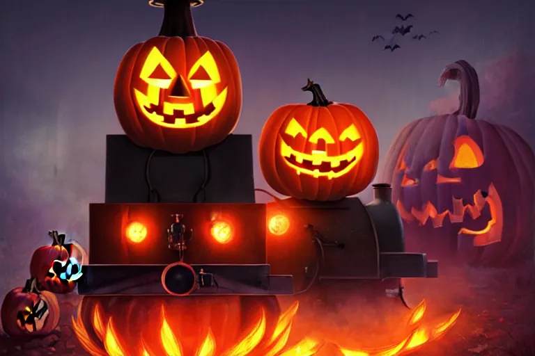 Image similar to portrait of thomas the tank engine hauling jack - o - lantern on fire, halloween night, charlie bowater, artgerm, ilya kuvshinov, krenz cushart, ruan jia, realism, ultra detailed, 8 k resolution