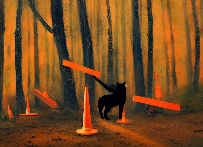 Image similar to a few orange safety cones in a beautiful strange forest a black fuzzy beast with long nose stands in the distance, cinematic painting by james jean, atomspheric lighting, moody lighting, dappled light, detailed, digital art, limited color palette, wes anderson, 2 4 mm lens, surreal