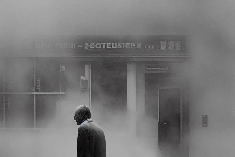 Image similar to an ultra realistic cinematic headshot portrait of an evil scientist, stood outside a corner shop, foggy, detailed, deep focus, movie still, dramatic lighting, by fay godwin