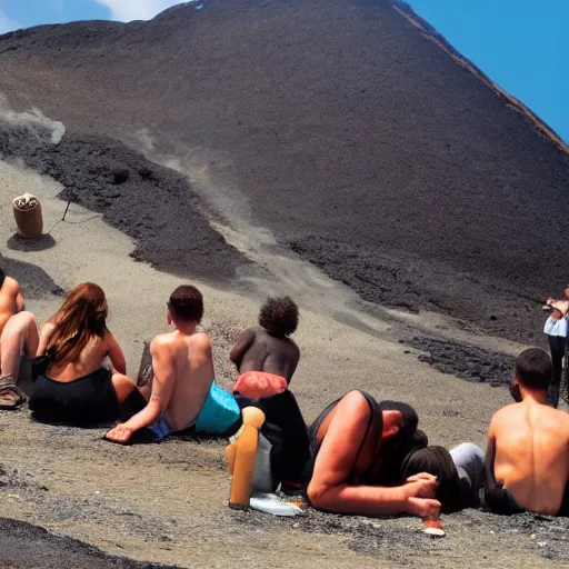 Prompt: people sunbathing on a volcano, lava, magma, smoke, steam, smoldering rocks