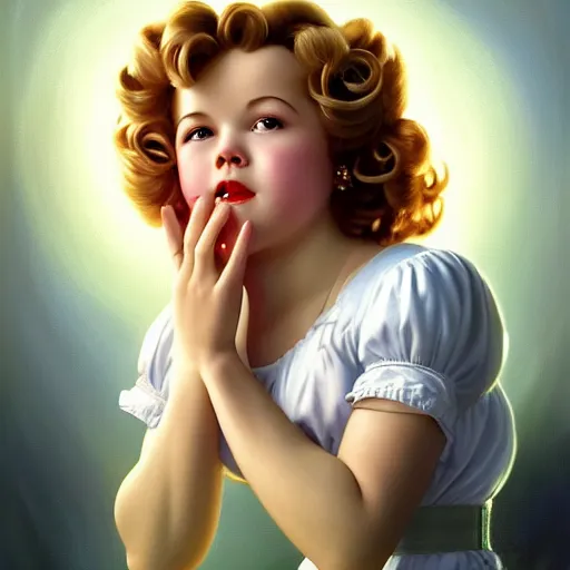 Image similar to portrait of Shirley Temple dreaming about eating hamburgers, extra onions and ketchup, luscious patty with sesame seeds, ethereal, handsome, D&D, fantasy, intricate, elegant, highly detailed, digital painting, artstation, concept art, matte, sharp focus, illustration, art by Artgerm and Greg Rutkowski and Alphonse Mucha