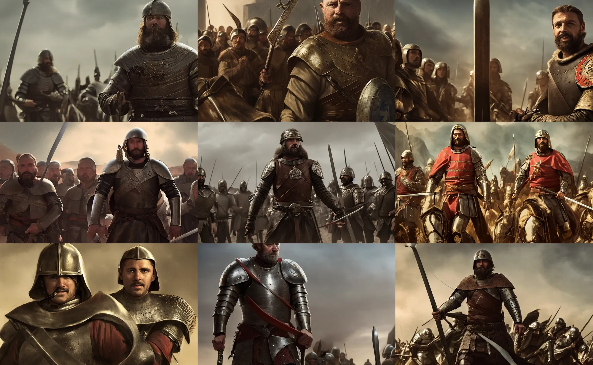 Prompt: cinematic artwork of a medieval commander in front of his army, holding his sword with a slight smile on his face by greg rutowski, 4 k, masterpiece