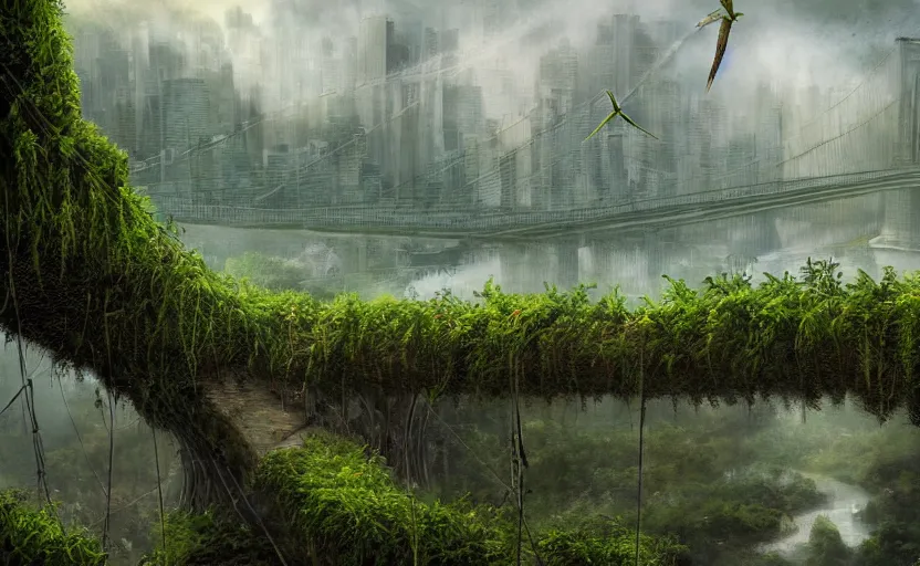 Image similar to an epic landscape view of vines and moss growing on the brooklyn bridge, moss, jungle, with pterosaurs flying, close - up, low angle, wide angle, atmospheric, volumetric lighting, cinematic, very realistic, sharp, highly detailed digital art, painted by tyler edlin