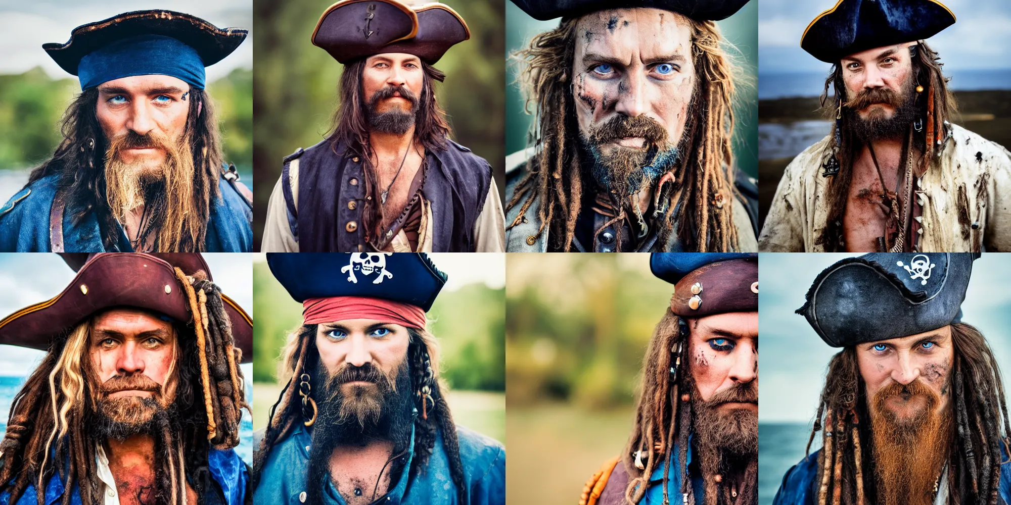 Prompt: portrait photo of a pirate captain with blue eyes and long brown bear and hair, faded worn blue coat and black hat, rugged and dirty, 50mm sigma lens, movie shot, color graded, 4k trailer