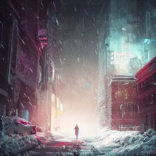 Prompt: mystic winter landscape, cyberpunk, vivid colors, post apocalyptic