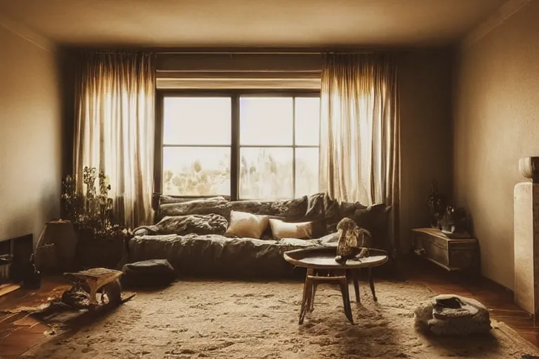 Prompt: dark dreamy living room, soft focus cinematic still, dark dreamy golden sunset dappled light