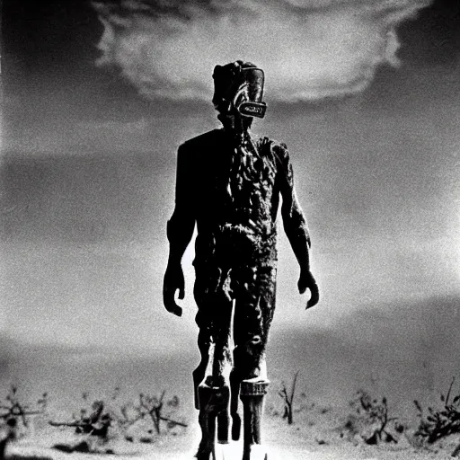 Image similar to portrait of irradiated post apocalyptic nuclear wasteland undead 1950s black and white award winning photo highly detailed Arriflex 35 II, lighting by stanley kubrick