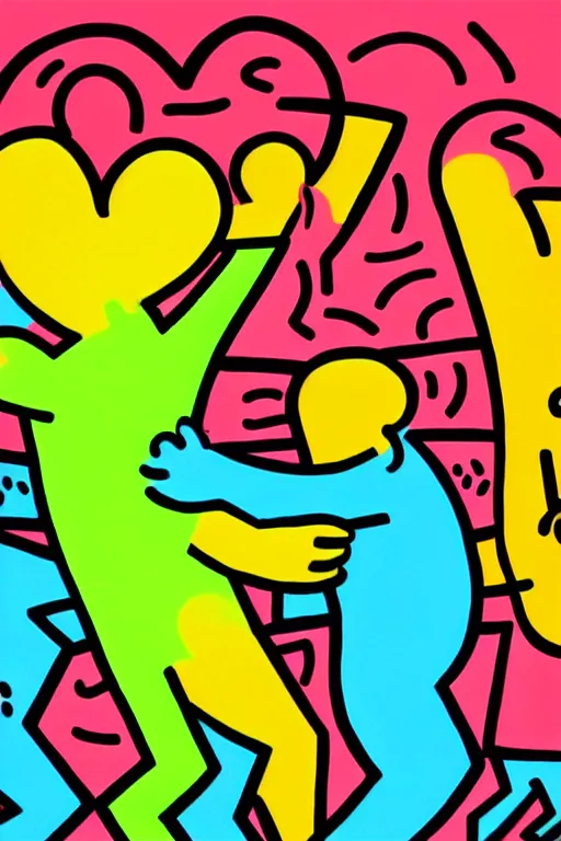 Image similar to colorful illustration of love by keith haring, artistic, eclectic, highly detailed, digital painting, concept art, smooth, sharp focus, illustration, art by keith haring