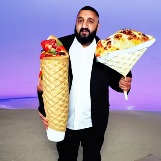 Image similar to DJ khaled holding huge ice cream cones and a pizza