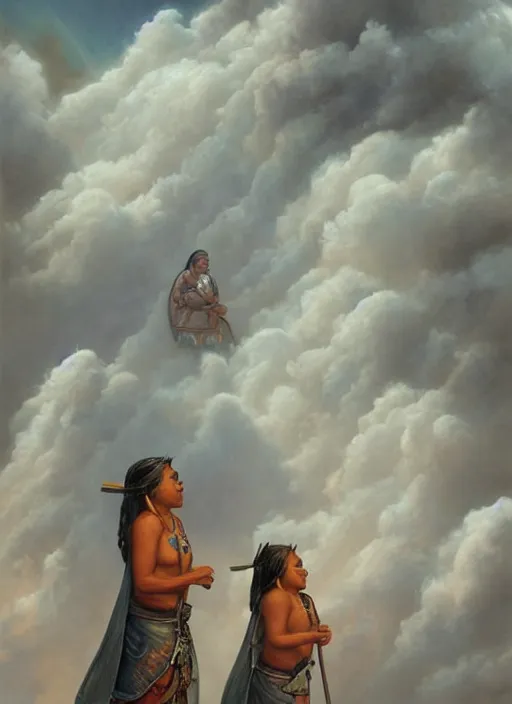 Image similar to faces of indigenous amazonian grandfathers and grandmothers spirits in the clouds, smiling, protection, benevolence, ancestors, detailed faces, symetrical, religious painting, art by christophe vacher and alez gray