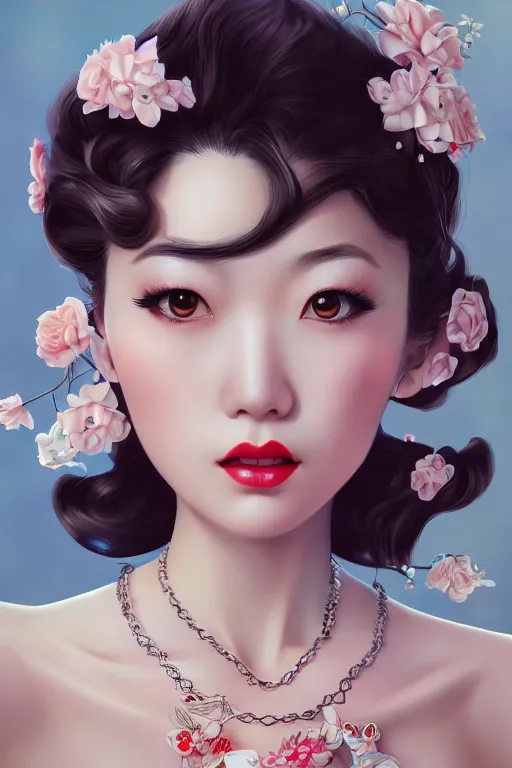 Image similar to a pin up and beautiful fashion and charming and dreamlke japan girl with jewelry, art by artgerm & jeehyung lee & wlop, hyperdetailed, 8 k realistic, lv, dior, symmetrical, frostbite 3 engine, cryengine, dof, trending on artstation, digital art, lv, dior