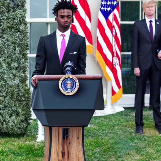 Prompt: professional photograph of Playboi Carti making an inauguration speech at the white house, 8k, cinematic, dslr,