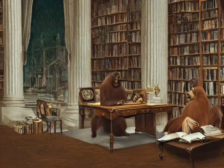 Prompt: long shot, whole room view, orangutan known as the librarian sitting on antique desk, reading a book using his feet, medium bookshelves, grandfather clock, tall marble columns in the background, epic, master, illustration, concept art, 4 k