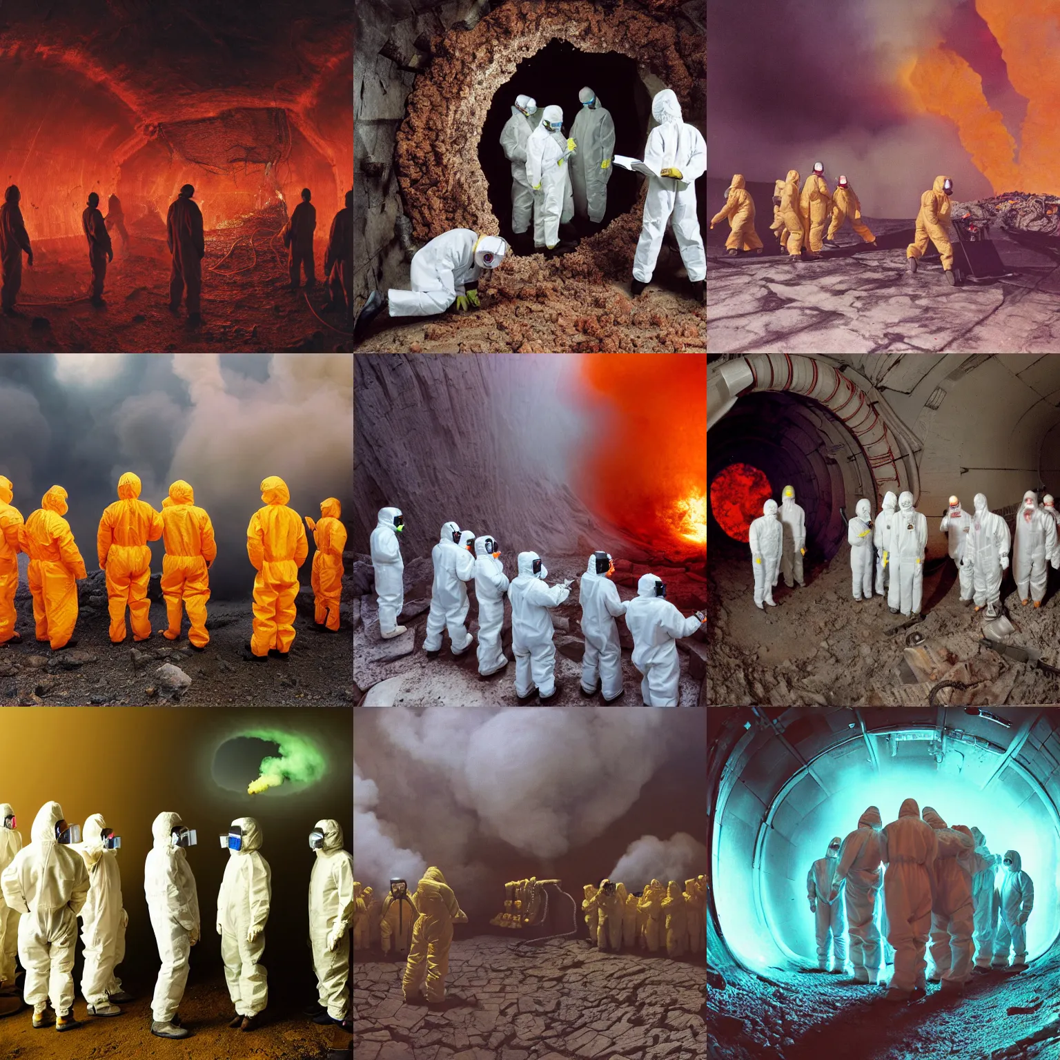 Image similar to wide - shot photo of a group of scientists in hazmat suits, studying a hell open rift portal, by shaun tan, codachrome, hellish, unsettling, otherworldly, smoke, machines, 8 k, hd, highly detailed,