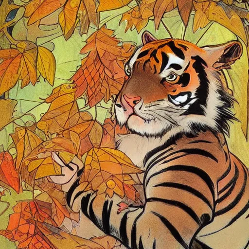 Image similar to a highly detailed portrait of cartoon tiger, sweating and flapping fan, autumn leaves on the ground, concise lines, ultradetailed environment, sharp focus, cinematic lighting, by alphonse maria mucha and kim jung gi