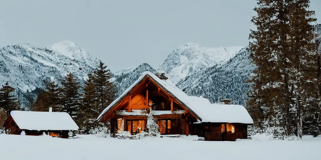 Prompt: A cozy winter cottage, mountains in the background