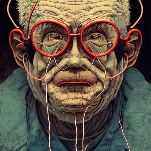 Image similar to old man with mask and wires, soft light painted by james jean and katsuhiro otomo and erik jones, inspired by akira anime, smooth face feature, intricate oil painting, high detail illustration, sharp high detail, manga and anime 1 9 9 9