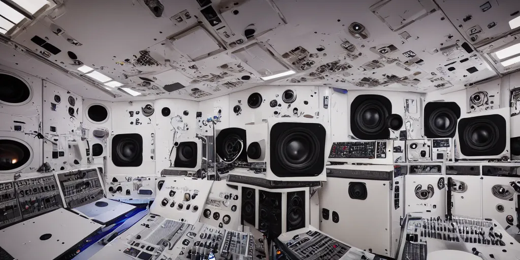 Image similar to giant speaker system music recording studio in the interior of an international space station. electronic dj equipment, modular synthesizer. photorealistic 35mm 4k cgsociety