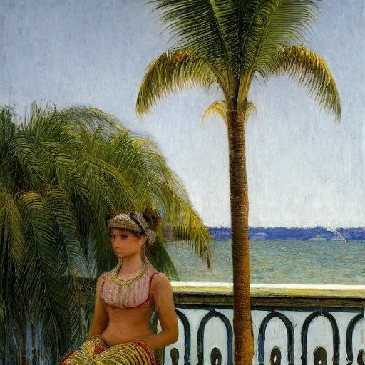 Image similar to a ultradetailed beautiful painting of the amazonas palace balustrade designed by jules bastien - lepage, tarsila do amaral, frank weston and gustave baumann, beach, trending on artstation, mediterranean, palm trees, detailed face, sharp focus, soft light, 8 k 4 k