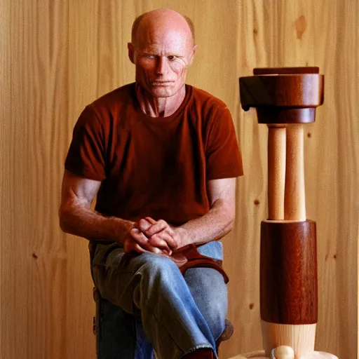 Image similar to Wooden art representing Ed Harris, woodturning, lathe, studio lighting, F 1.4 Kodak Portra