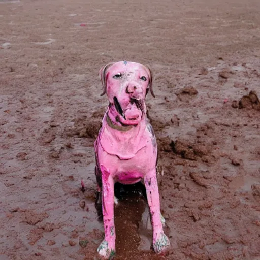 Prompt: a dirty dog in pink mud. photo