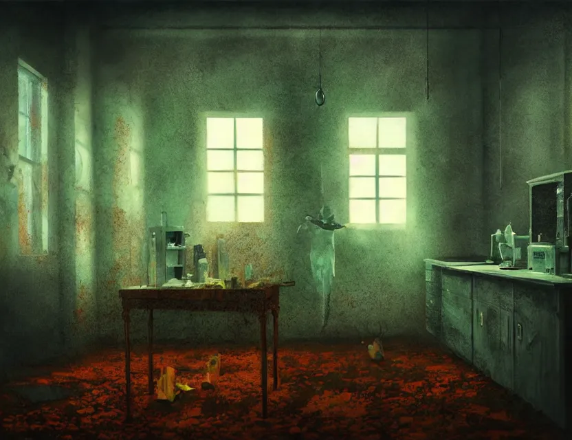 Prompt: psychological horror movie still, abandoned laboratory. complementary colors, oil painting, indie concept art, bloom, chiaroscuro, backlighting, intricate details.